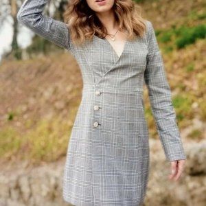 ZARA NWT Plaid Blazer Shoulder Pad Mini Dress Black White